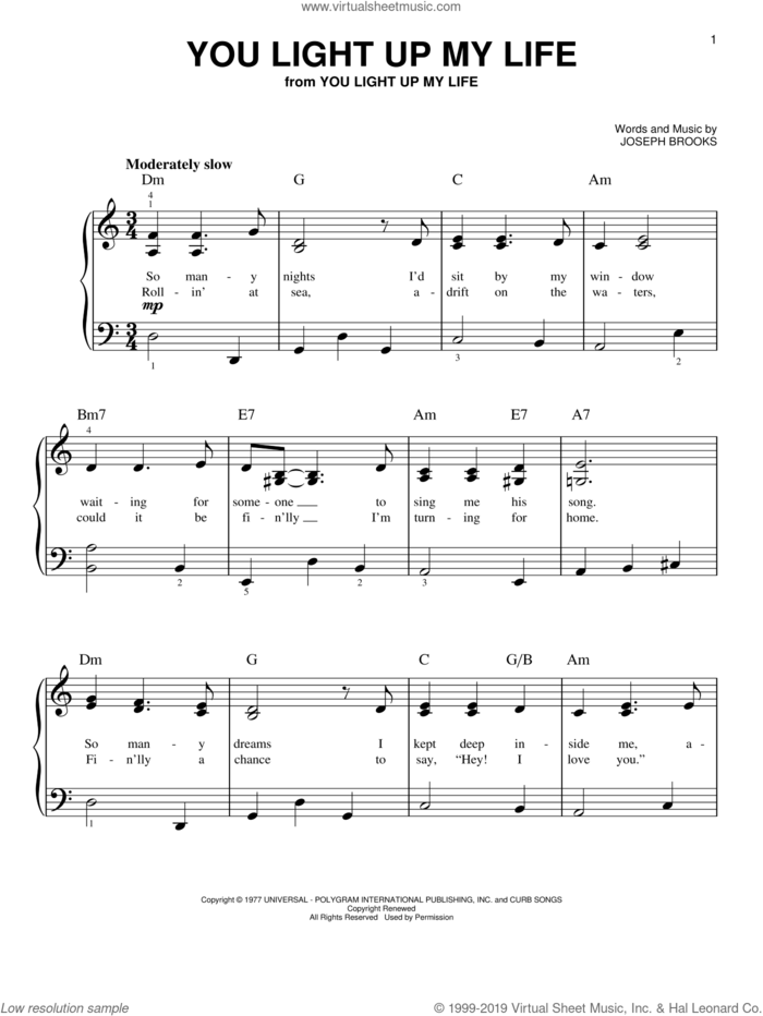 You Light Up My Life, (beginner) sheet music for piano solo by Debby Boone and Joseph Brooks, wedding score, beginner skill level