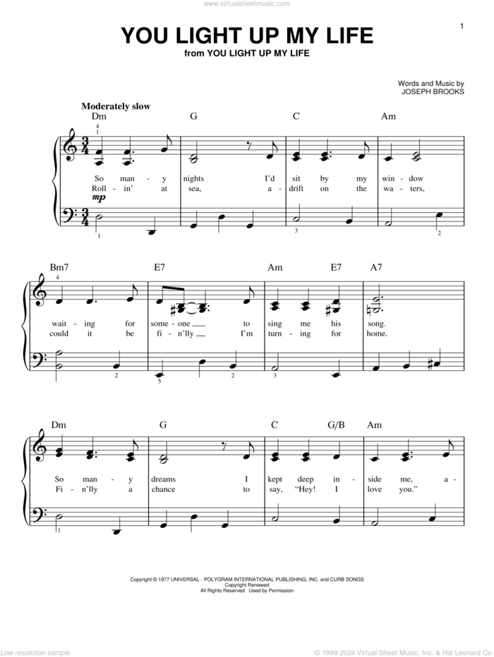 You Light Up My Life, (beginner) sheet music for piano solo by Debby Boone and Joseph Brooks, wedding score, beginner skill level