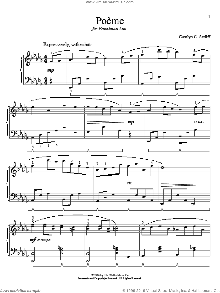 Poeme sheet music for piano solo (elementary) by Carolyn C. Setliff, beginner piano (elementary)