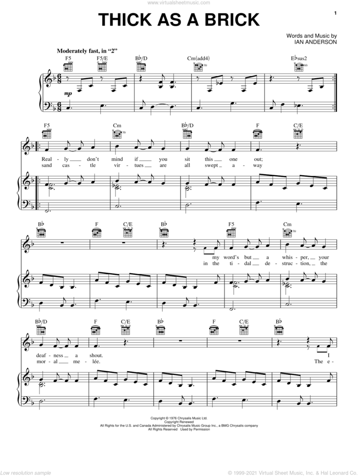 Thick As A Brick sheet music for voice, piano or guitar by Jethro Tull and Ian Anderson, intermediate skill level