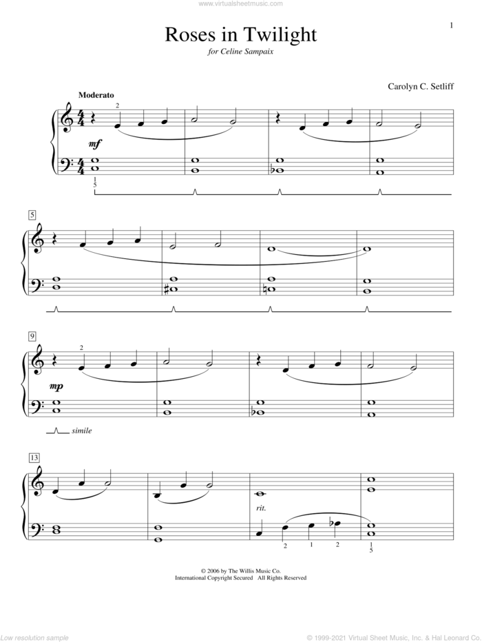 Roses In Twilight sheet music for piano solo (elementary) by Carolyn C. Setliff, beginner piano (elementary)