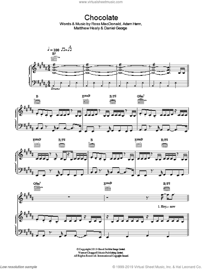 Chocolate sheet music for voice, piano or guitar by The 1975, Adam Hann, Daniel George, Matthew Healy and Ross MacDonald, intermediate skill level