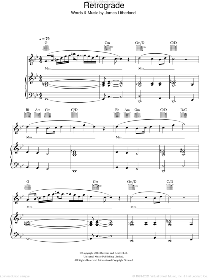 Retrograde sheet music for voice, piano or guitar by James Blake and James Litherland, intermediate skill level