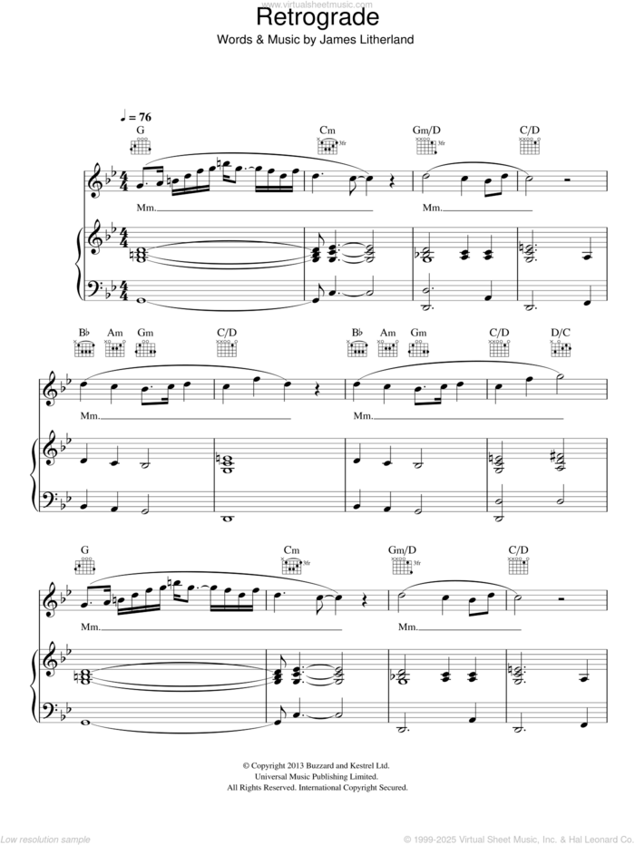 Retrograde sheet music for voice, piano or guitar by James Blake and James Litherland, intermediate skill level