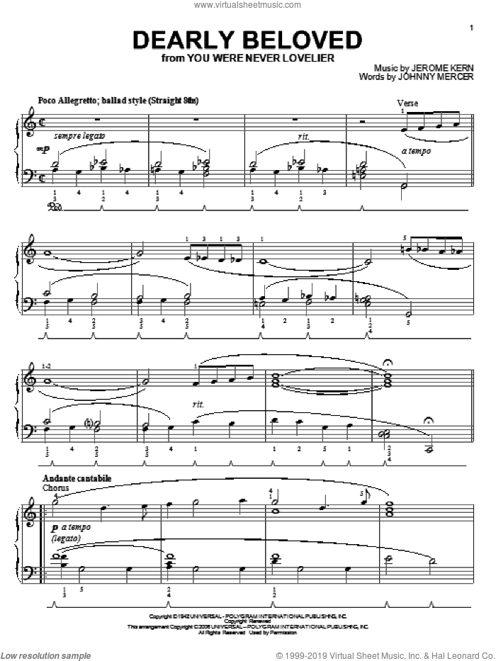 Dearly Beloved sheet music for piano solo by Jerome Kern and Johnny Mercer, intermediate skill level