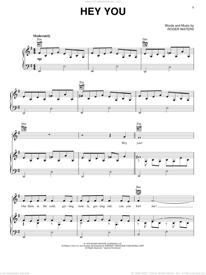 Hey You sheet music for voice, piano or guitar by Pink Floyd and Roger Waters, intermediate skill level