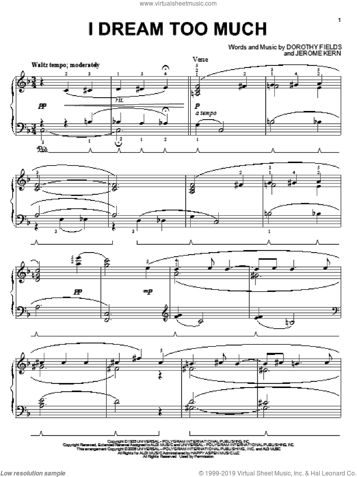 I Dream Too Much sheet music for piano solo by Jerome Kern and Dorothy Fields, intermediate skill level