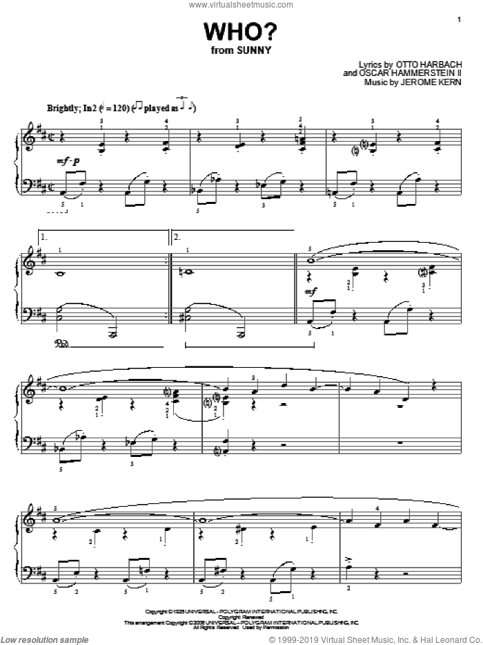 Who? sheet music for piano solo by Jerome Kern, Oscar II Hammerstein and Otto Harbach, intermediate skill level