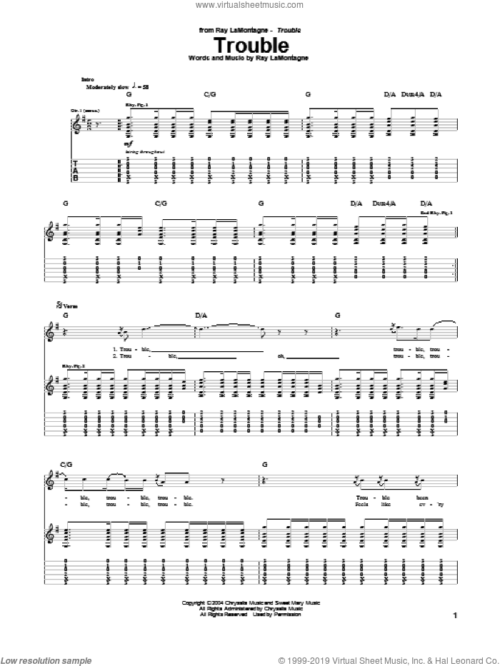 Trouble sheet music for guitar (tablature) by Ray LaMontagne, intermediate skill level