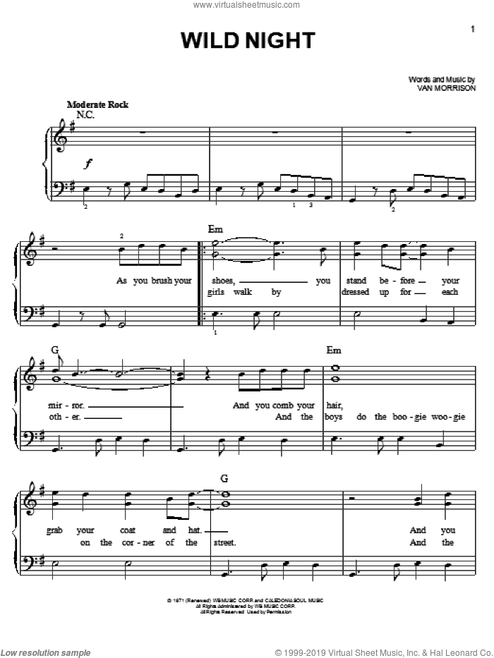 Wild Night sheet music for piano solo by Van Morrison, easy skill level