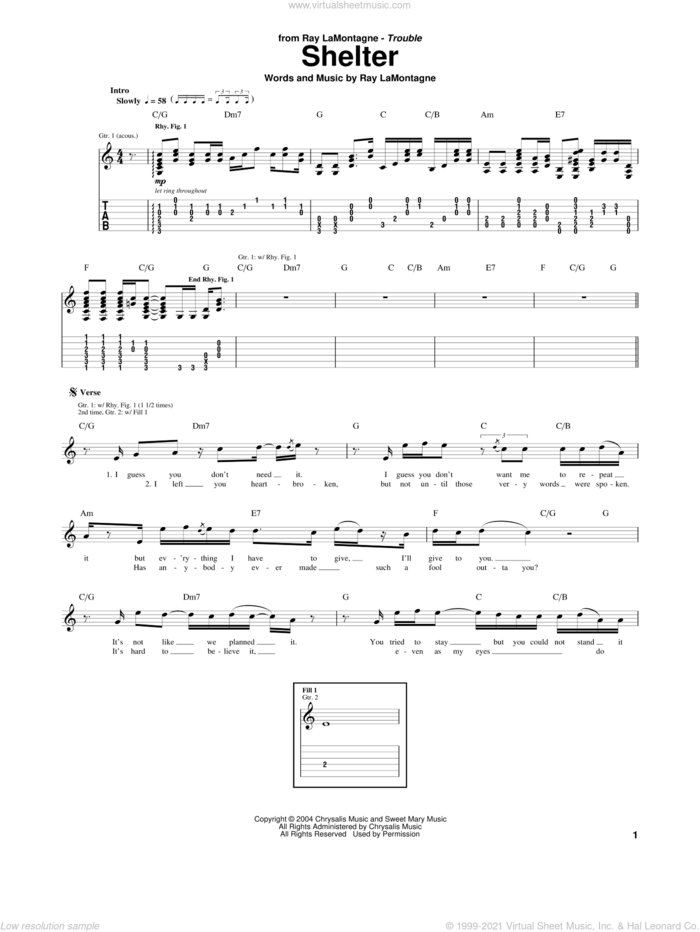 Shelter sheet music for guitar (tablature) by Ray LaMontagne, intermediate skill level