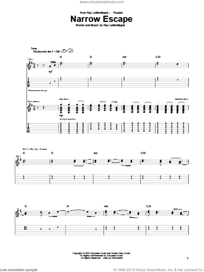 Narrow Escape sheet music for guitar (tablature) by Ray LaMontagne, intermediate skill level