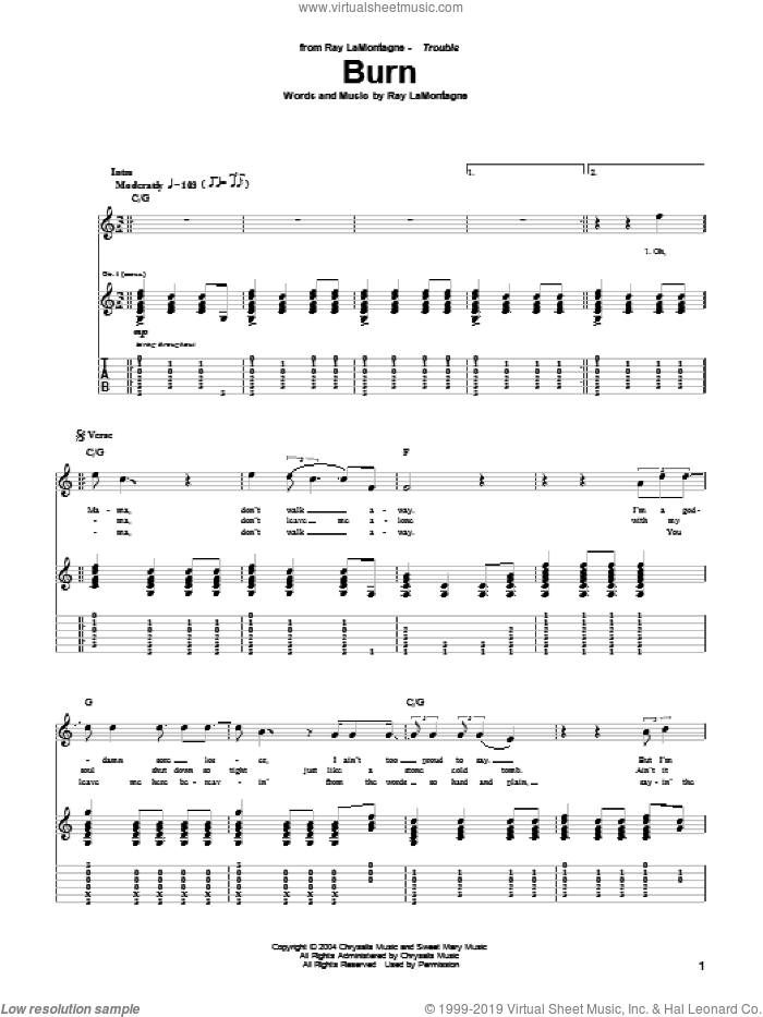 Burn sheet music for guitar (tablature) by Ray LaMontagne, intermediate skill level