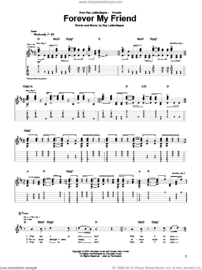 Forever My Friend sheet music for guitar (tablature) by Ray LaMontagne, intermediate skill level