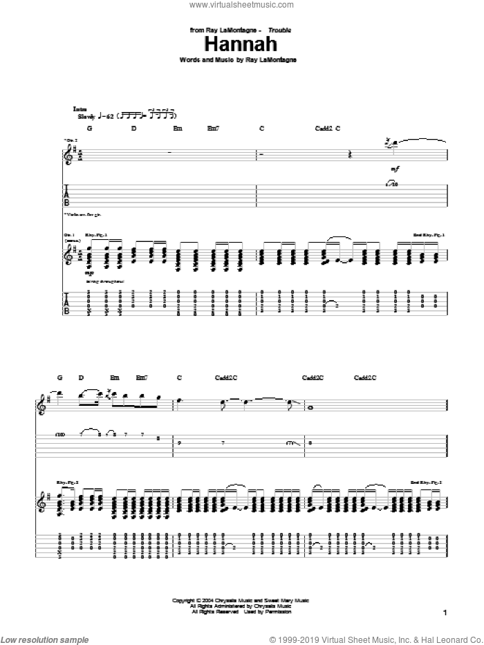 Hannah sheet music for guitar (tablature) by Ray LaMontagne, intermediate skill level