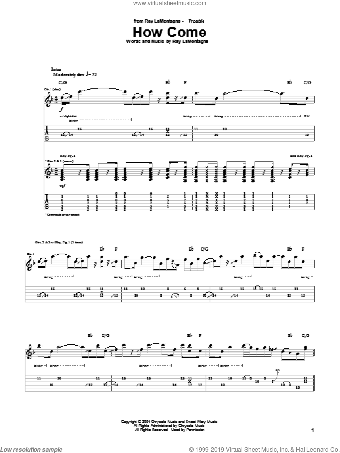 How Come sheet music for guitar (tablature) by Ray LaMontagne, intermediate skill level