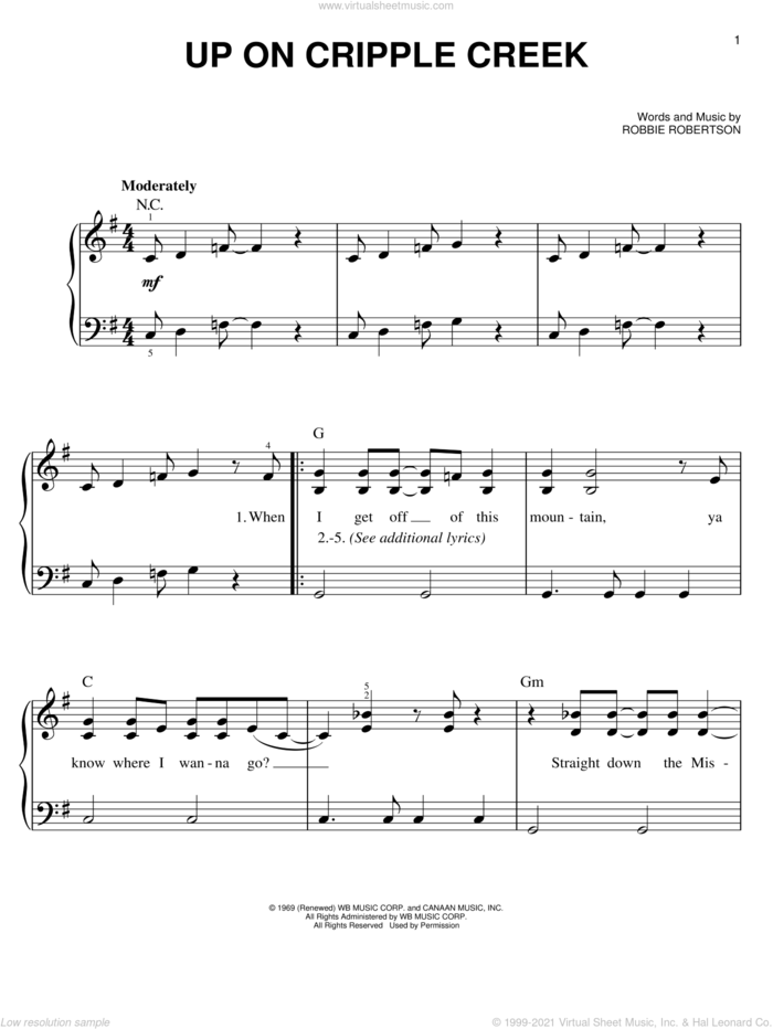Up On Cripple Creek sheet music for piano solo by The Band and Robbie Robertson, easy skill level