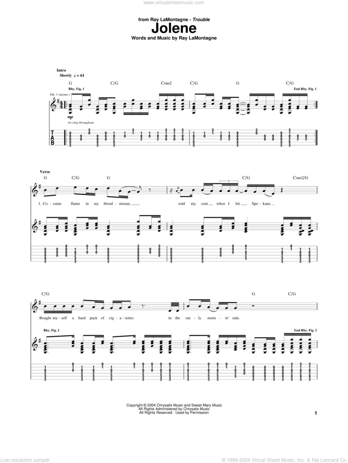 Jolene sheet music for guitar (tablature) by Ray LaMontagne, intermediate skill level
