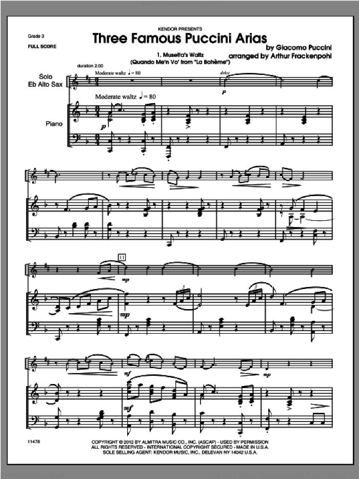 Three Famous Puccini Arias (COMPLETE) sheet music for alto saxophone and piano by Giacomo Puccini and Steve Frackenpohl, classical score, intermediate skill level