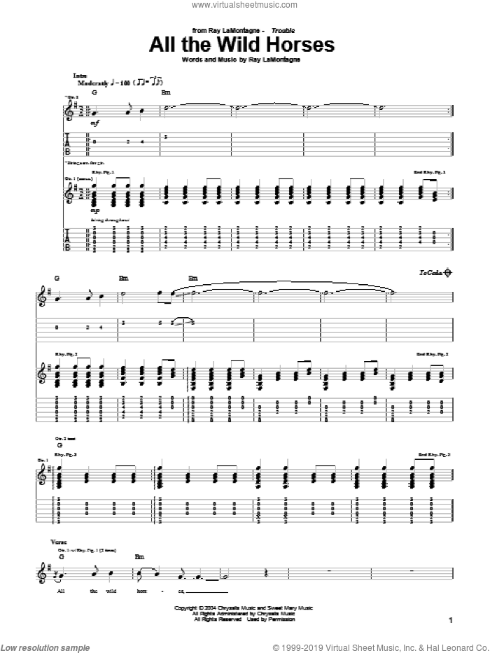 All The Wild Horses sheet music for guitar (tablature) by Ray LaMontagne, intermediate skill level