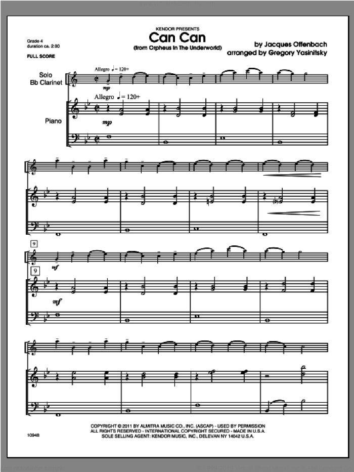 Can Can (from Orpheus In The Underworld) (COMPLETE) sheet music for clarinet and piano by Jacques Offenbach and Yasinitsky, classical score, intermediate skill level