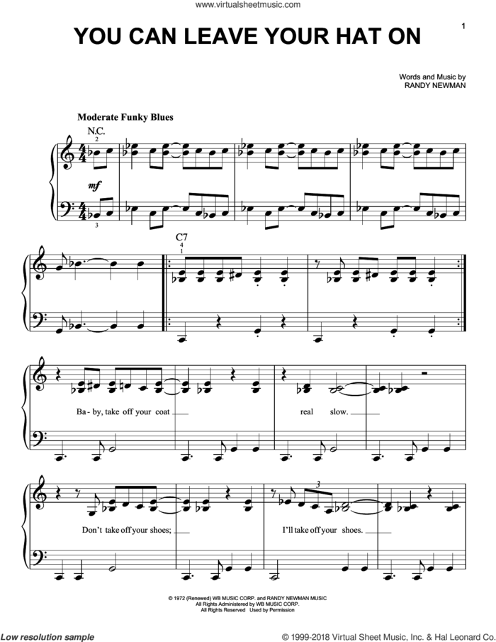 You Can Leave Your Hat On sheet music for piano solo by Joe Cocker and Randy Newman, beginner skill level