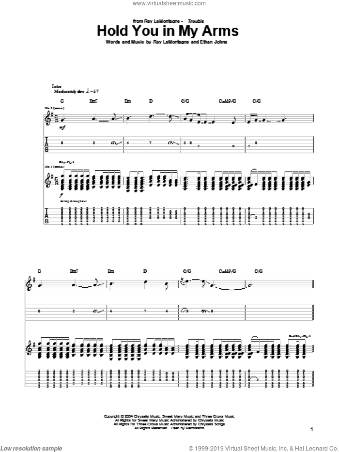 Hold You In My Arms sheet music for guitar (tablature) by Ray LaMontagne and Ethan Johns, intermediate skill level