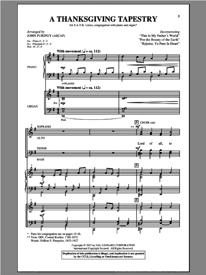 A Thanksgiving Tapestry sheet music for choir (SATB: soprano, alto, tenor, bass) by John Purifoy, intermediate skill level