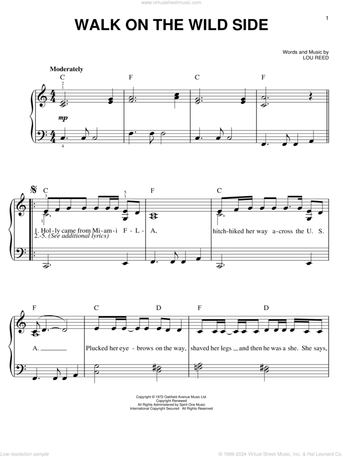 Walk On The Wild Side sheet music for piano solo by Lou Reed, easy skill level