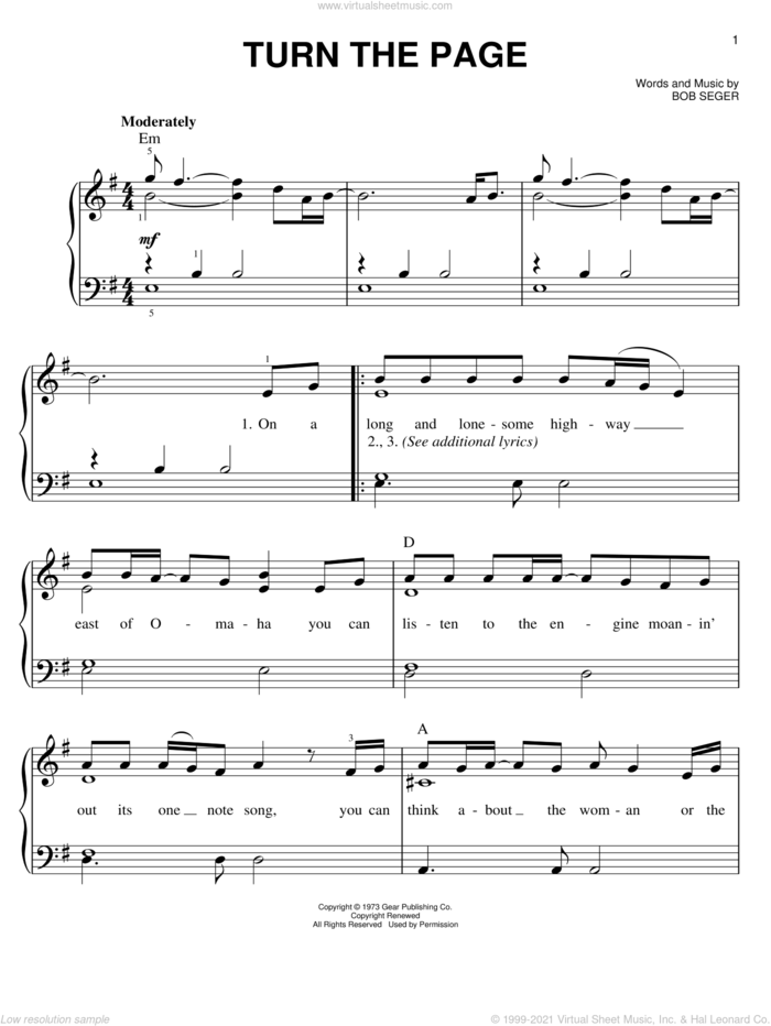 Turn The Page sheet music for piano solo by Bob Seger and Metallica, easy skill level