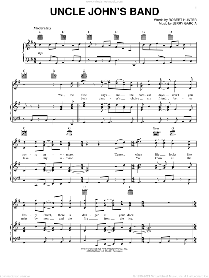 Uncle John's Band sheet music for voice, piano or guitar by Grateful Dead, Jerry Garcia and Robert Hunter, intermediate skill level