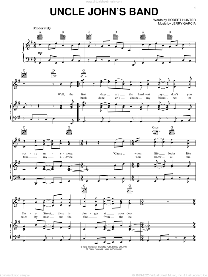 Uncle John's Band sheet music for voice, piano or guitar by Grateful Dead, Jerry Garcia and Robert Hunter, intermediate skill level