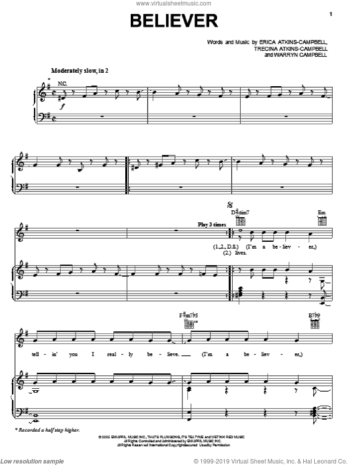 Believer sheet music for voice, piano or guitar by Mary Mary, Erica Atkins-Campbell, Trecina Atkins-Campbell and Warryn Campbell, intermediate skill level