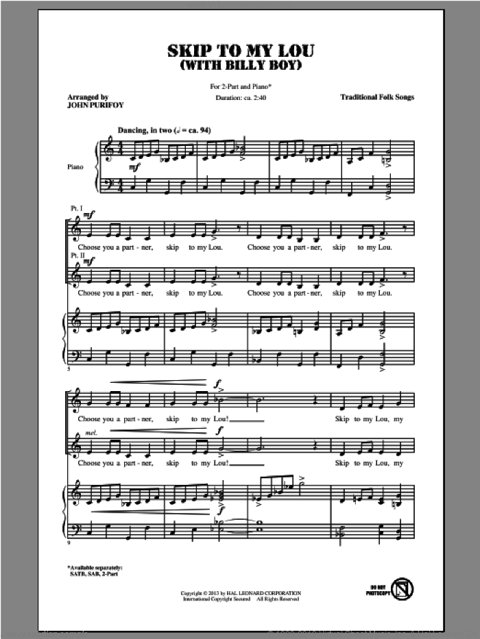Billy Boy sheet music for choir (2-Part) by John Purifoy and Miscellaneous, classical score, intermediate duet