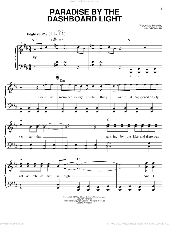 Paradise By The Dashboard Light sheet music for piano solo by Jim Steinman and Meat Loaf, easy skill level