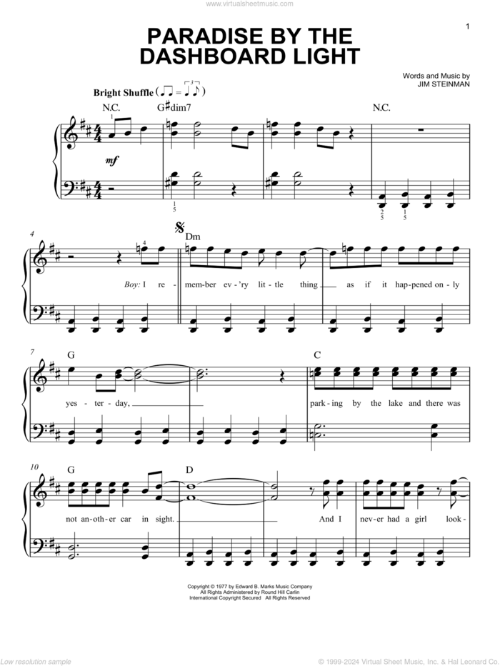 Paradise By The Dashboard Light, (easy) sheet music for piano solo by Jim Steinman and Meat Loaf, easy skill level