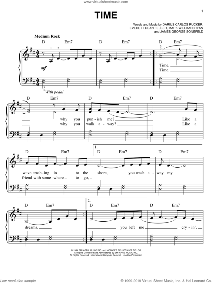 Time sheet music for piano solo by Hootie & The Blowfish, Darius Carlos Rucker, Everett Dean Felber, James George Sonefeld and Mark William Bryan, easy skill level