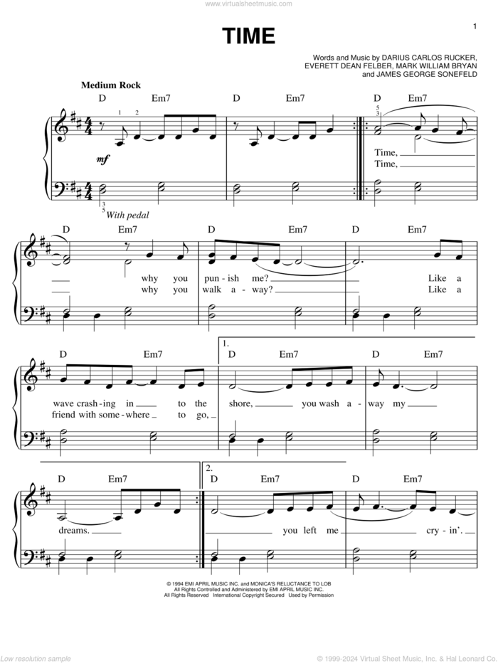 Time sheet music for piano solo by Hootie & The Blowfish, Darius Carlos Rucker, Everett Dean Felber, James George Sonefeld and Mark William Bryan, easy skill level