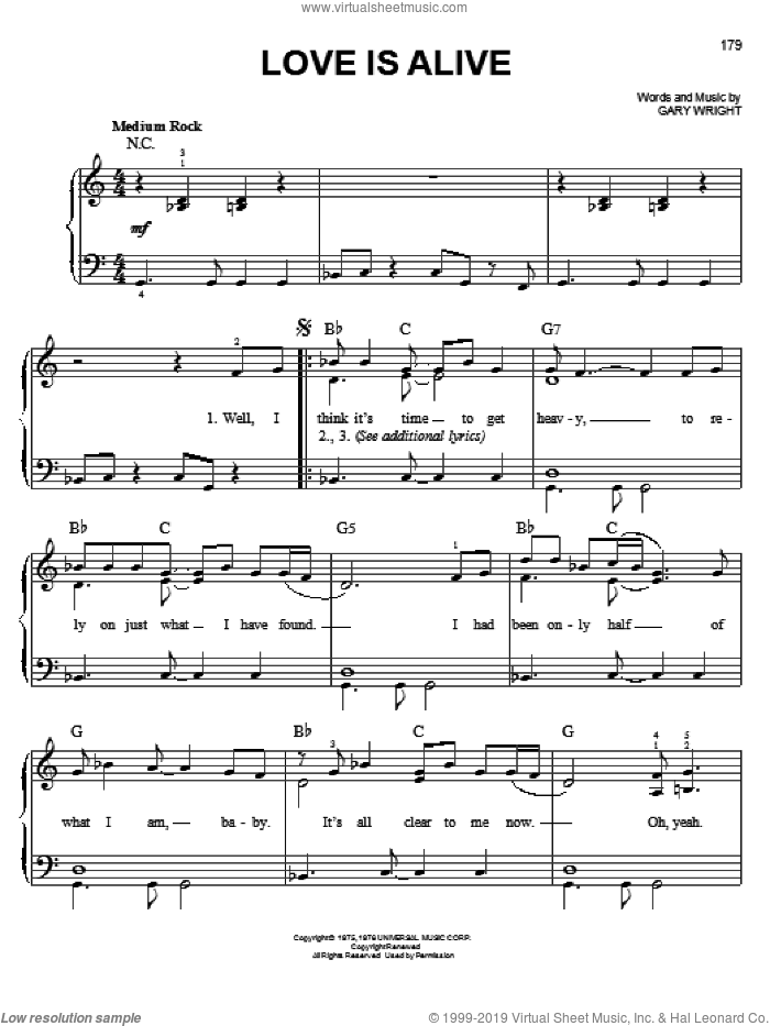 Love Is Alive sheet music for piano solo by 3rd Party and Gary Wright, easy skill level
