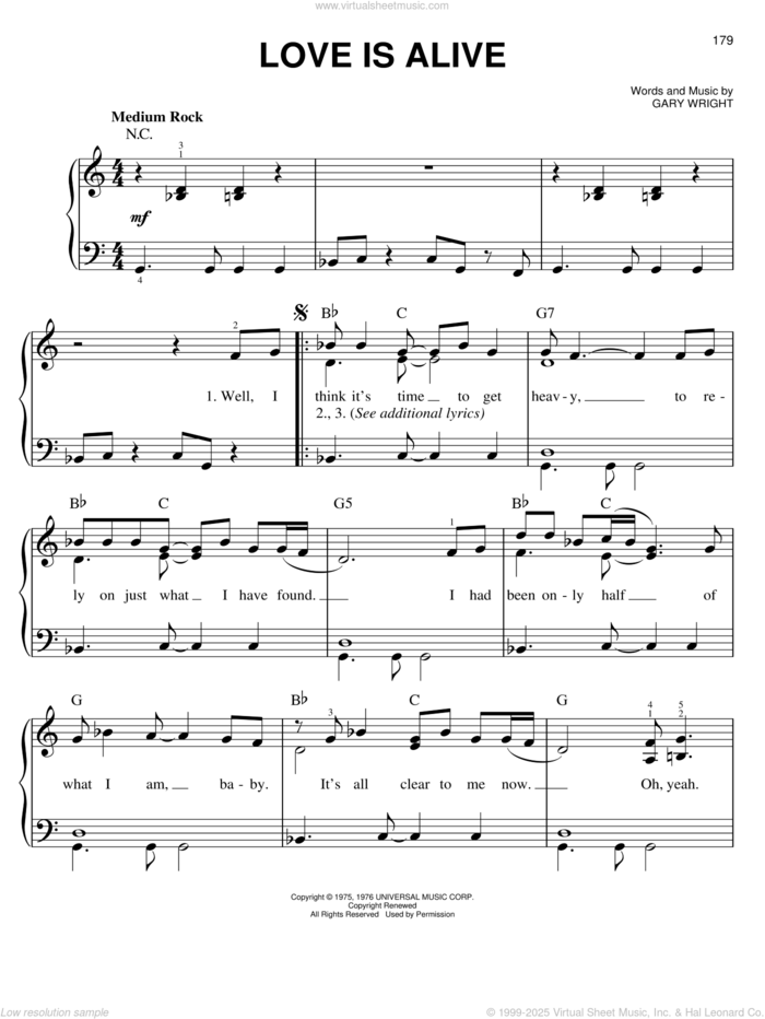 Love Is Alive sheet music for piano solo by 3rd Party and Gary Wright, easy skill level