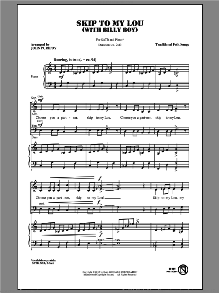 Billy Boy sheet music for choir (SATB: soprano, alto, tenor, bass) by John Purifoy and Miscellaneous, classical score, intermediate skill level