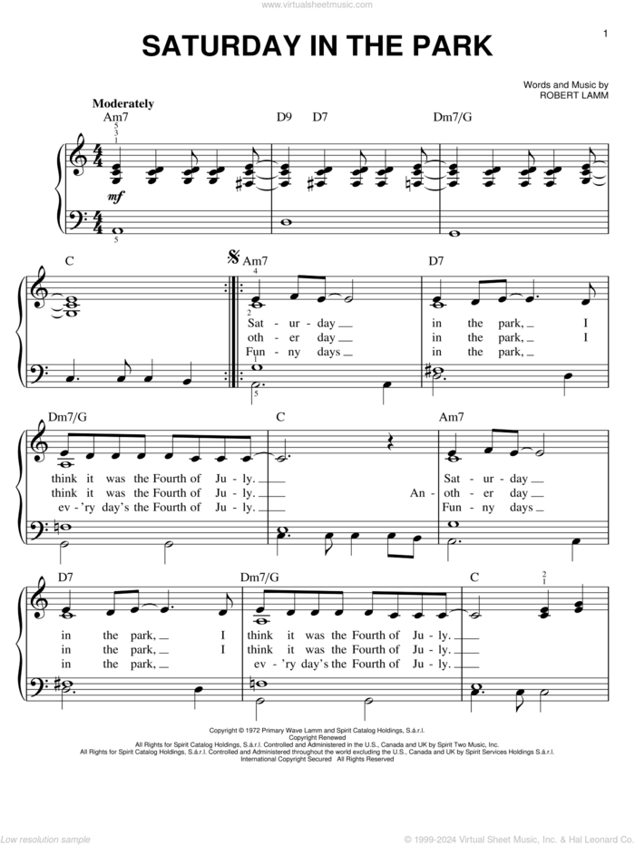 Saturday In The Park sheet music for piano solo by Chicago and Robert Lamm, easy skill level