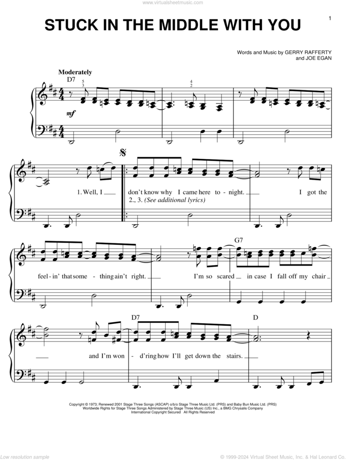 Stuck In The Middle With You sheet music for piano solo by Stealers Wheel, Gerry Rafferty and Joe Egan, easy skill level