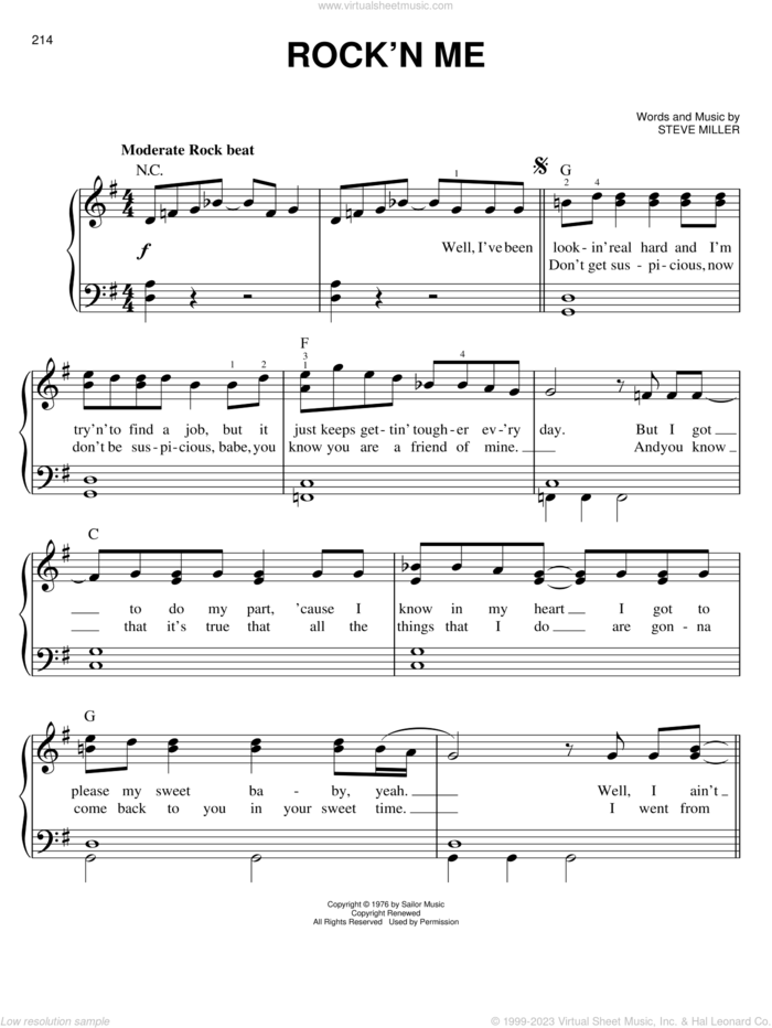 Rock'n Me sheet music for piano solo by Steve Miller Band and Steve Miller, easy skill level