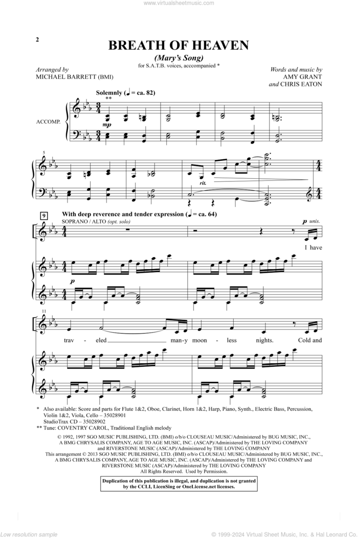 Breath Of Heaven (Mary's Song) sheet music for choir (SATB: soprano, alto, tenor, bass) by Amy Grant, Chris Eaton and Michael Barrett, intermediate skill level