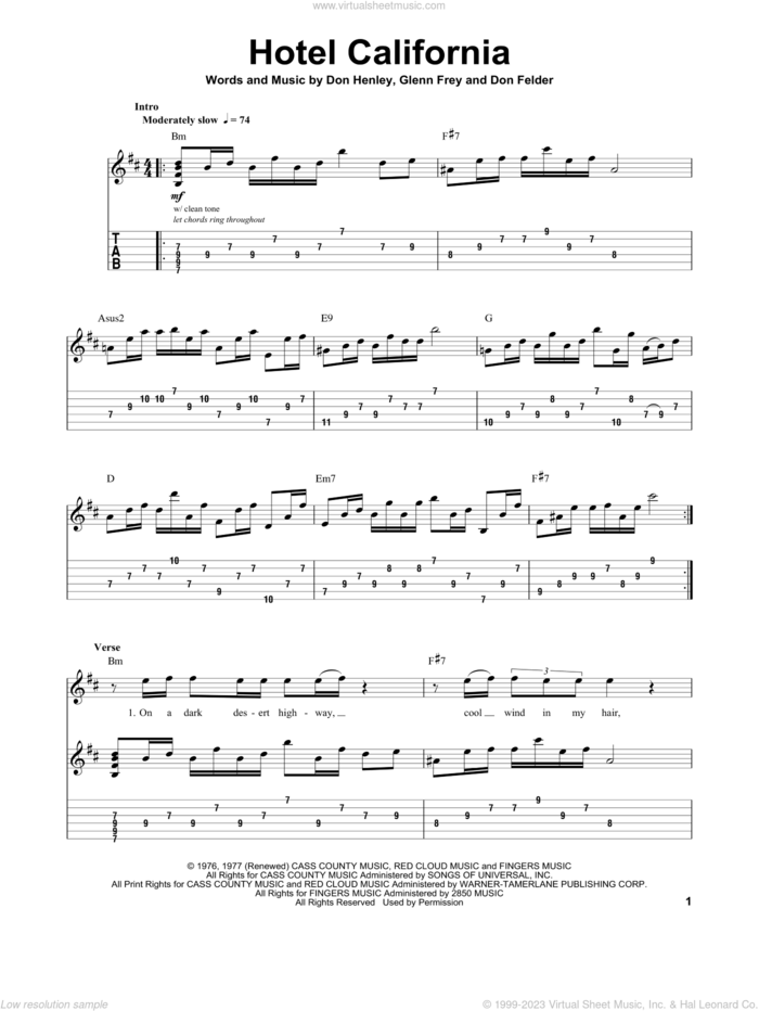 Hotel California sheet music for guitar (tablature, play-along) by The Eagles, intermediate skill level