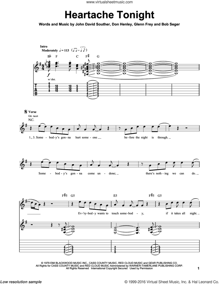 Heartache Tonight sheet music for guitar (tablature, play-along) by The Eagles, intermediate skill level