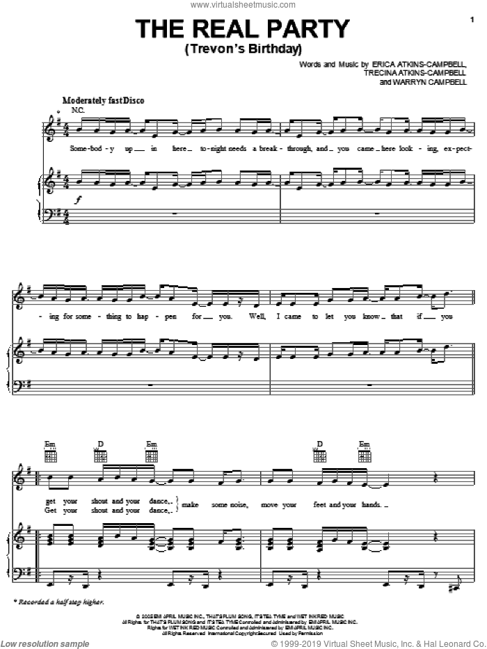 The Real Party (Trevon's Birthday) sheet music for voice, piano or guitar by Mary Mary, Erica Atkins-Campbell, Trecina Atkins-Campbell and Warryn Campbell, intermediate skill level