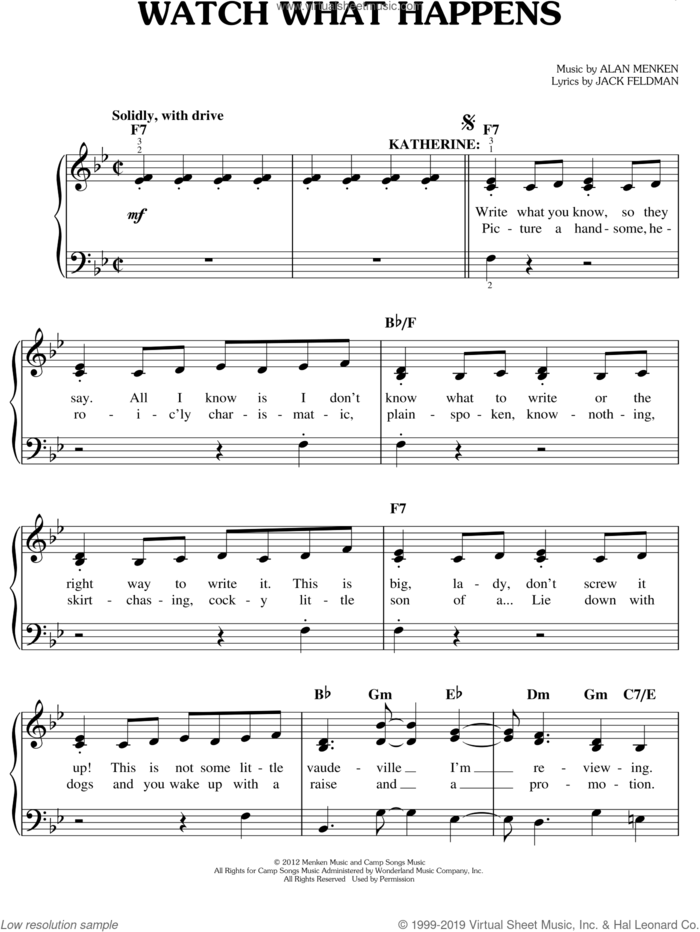 Watch What Happens sheet music for piano solo by Alan Menken, Jack Feldman and Newsies (Musical), easy skill level