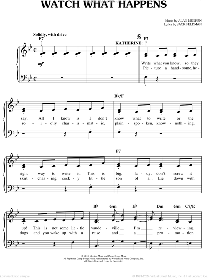 Watch What Happens sheet music for piano solo by Alan Menken, Jack Feldman and Newsies (Musical), easy skill level